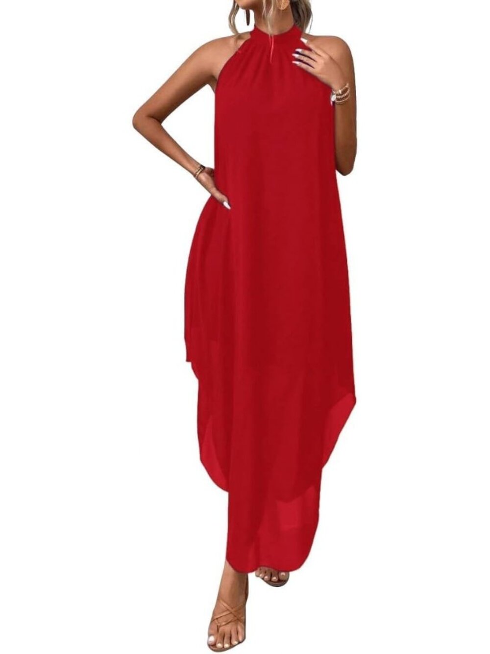 Women's Red Flowy Chiffon Elegant Cocktail Halter Neckline Lightweight Maxi